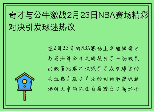 奇才与公牛激战2月23日NBA赛场精彩对决引发球迷热议