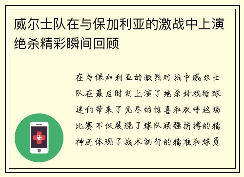 威尔士队在与保加利亚的激战中上演绝杀精彩瞬间回顾